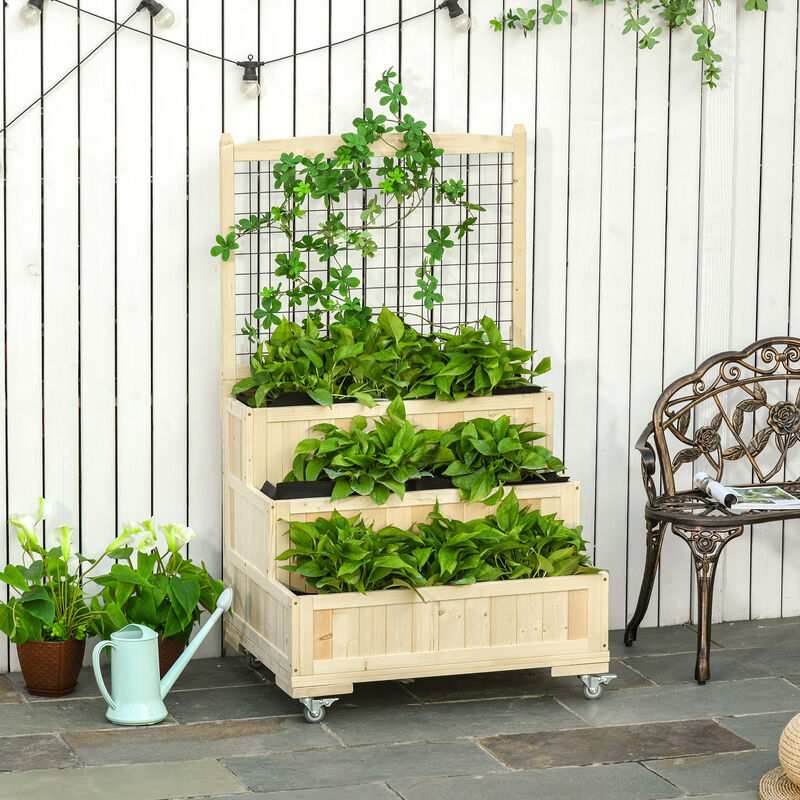 Outsunny 3-Tiers Raised Garden Bed with Trellis, 53" H Vertical Planter Box with Wheels & Back Storage Area, for Flowers, Vegetables, Herbs, Natural