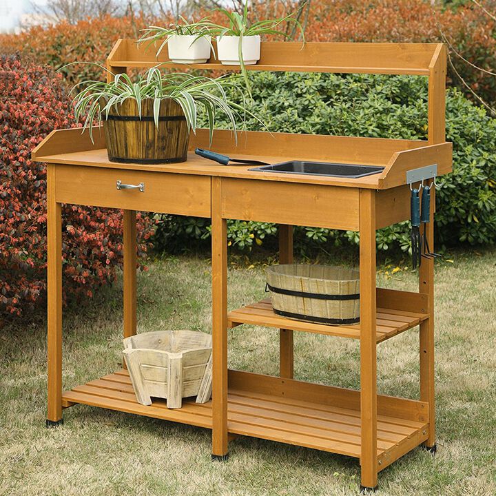 Wooden Potting Bench with Sink and Work Table for Gardening and Planting Tasks