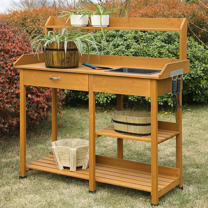 Wooden Potting Bench with Sink and Work Table for Gardening and Planting Tasks