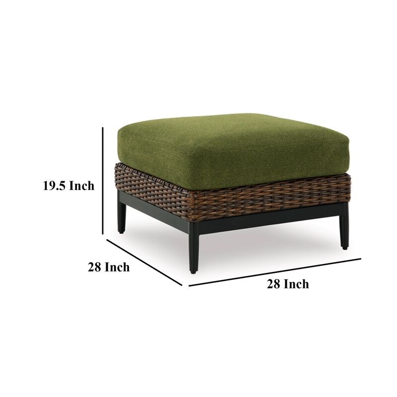 Izon Outdoor Ottoman, Brown Woven Wicker, Green Polyester, 28 Inch - Benzara