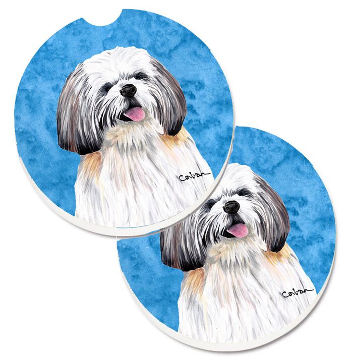 Caroline's Treasures Blue Shih Tzu Set of 2 Cup Holder Car Coasters SC9128BUCARC, 2.56, Multicolor