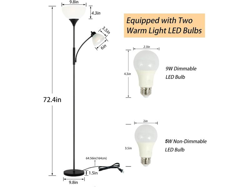 Dimmable Industrial Floor Lamp with LED Bulbs Standing Reading Light Home image number 2
