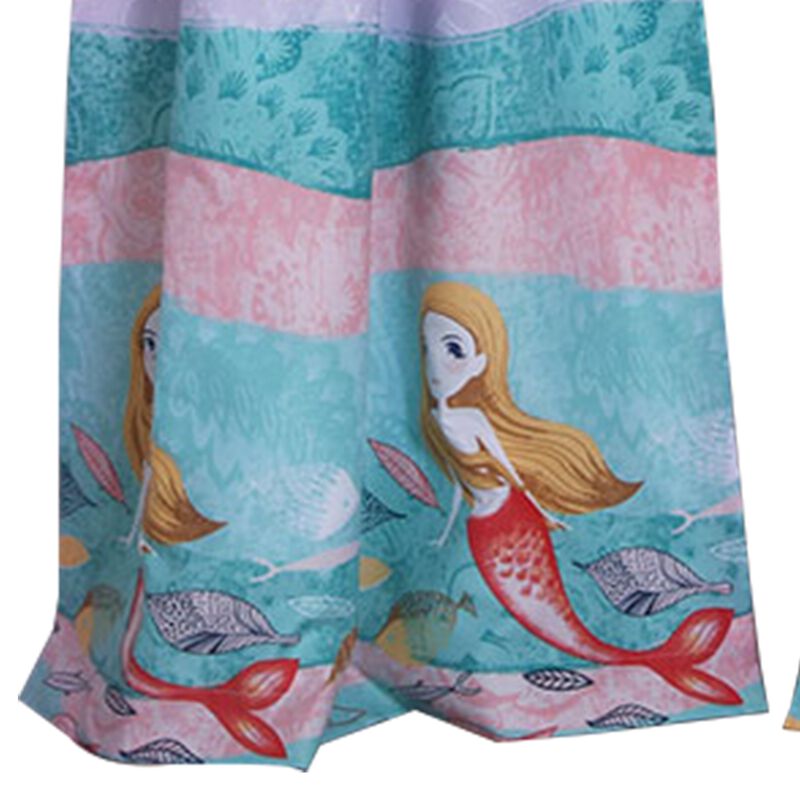 Wini 4 Piece Window Curtain Panel Set, Mermaid Design, Pink, Blue Polyester - Benzara