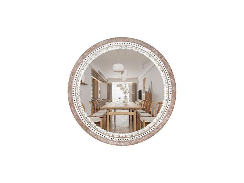 24" Rustic Round Mirror &ndash; Beaded Wood Frame for Wall Decor