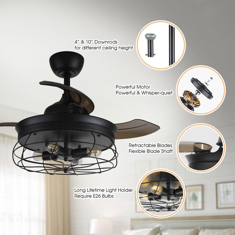 36 in. Retractable 3 Blades Ceiling Fan with Light Kit