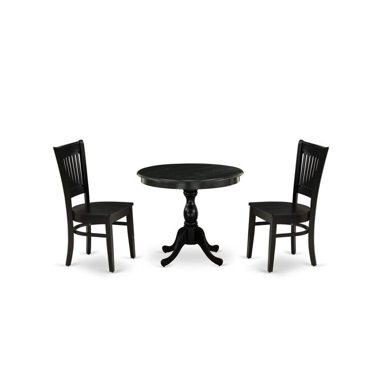 East West Furniture 3-Pc Dinette Room Set- 2 Modern Dining Room Chair and Kitchen Dining Table - Wooden Seat and Slatted Chair Back (Black Finish)