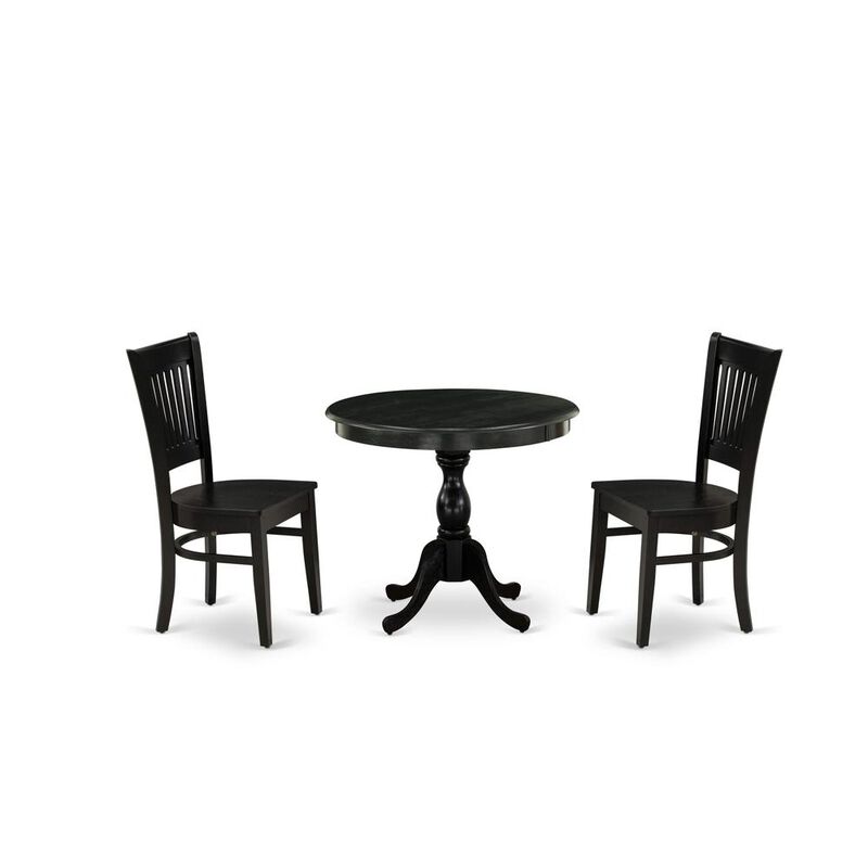 East West Furniture 3-Pc Dinette Room Set- 2 Modern Dining Room Chair and Kitchen Dining Table - Wooden Seat and Slatted Chair Back (Black Finish)