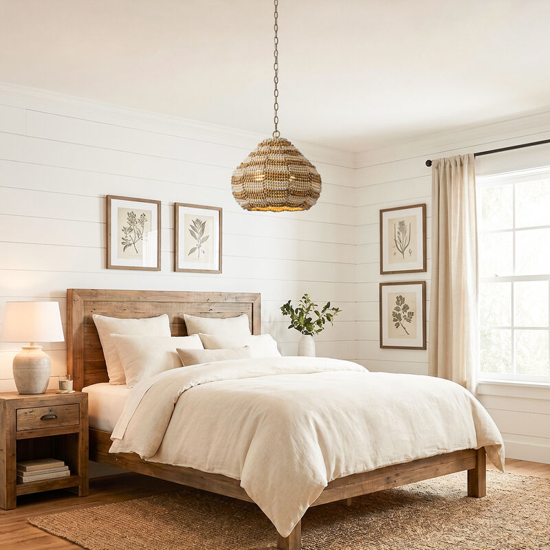 15.7" Bohemian 2-Light Distressed Brown and White Wood Beaded Gourd Chandelier, Pendant Light for Bedroom, Living Room or Dining Room image number 4