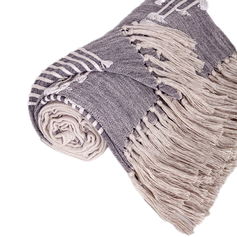 HomeRoots 50" X 60" Ivory and Gray Woven Cotton Striped Throw Blanket with Fringe and Embroidery image number 2