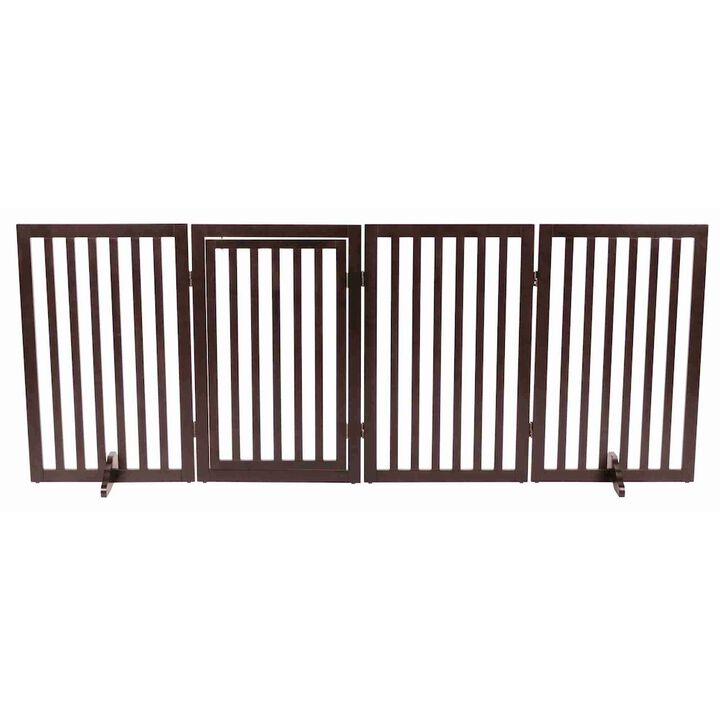TRIXIE 4-Panel Convertible Wooden 80" Freestanding Pet Gate - Pen with Pet Door, Brown