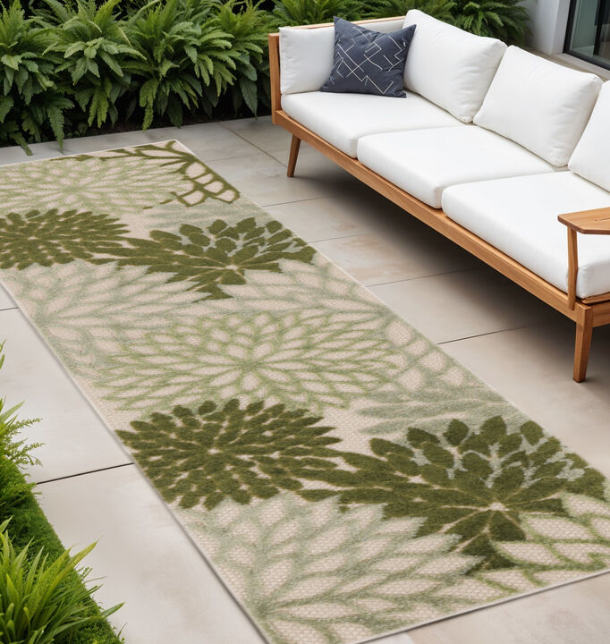 HomeRoots 8' Ivory Green And Dark Green Floral Indoor Outdoor Runner Rug