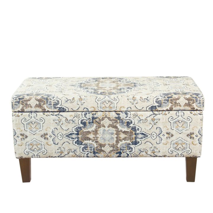 Medallion Print Fabric Upholstered Wooden Bench With Hinged Storage, Large, Brown and Cream - Benzara