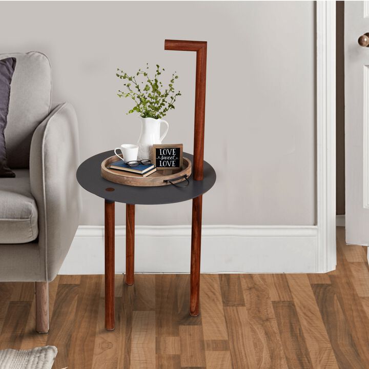 29 Inch Round Metal Top End Table with Inbuilt Wooden Pole, Brown and Black-Benzara