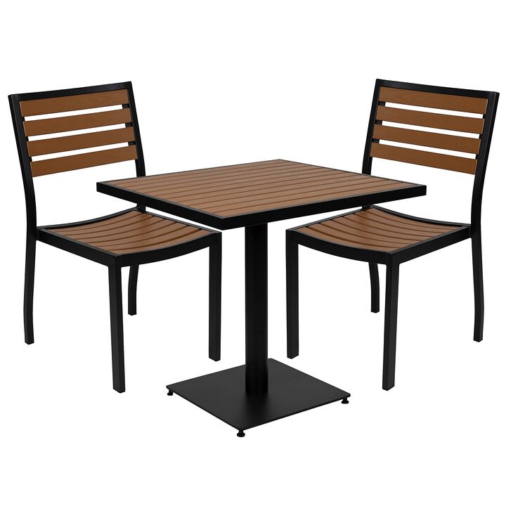 Flash Furniture Outdoor Patio Bistro Dining Table Set with 2 Chairs and Faux Teak Poly Slats