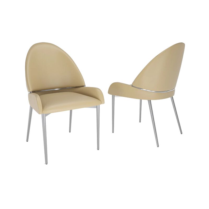 Mior Dining Chair Set of 2, Taupe Faux Leather, Gold Metal Accents