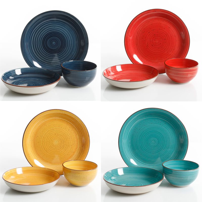 Gibson Color Speckle 12 Piece Mix and Match Double Bowl Dinnerware Set in 4 Assorted Colors