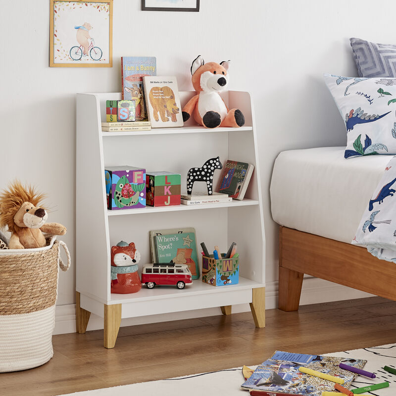 Steiner White 3-Tier Kids Book or Toy Figure Display Unit Freestanding Bookshelf with Contrasting Wood-Toned Legs