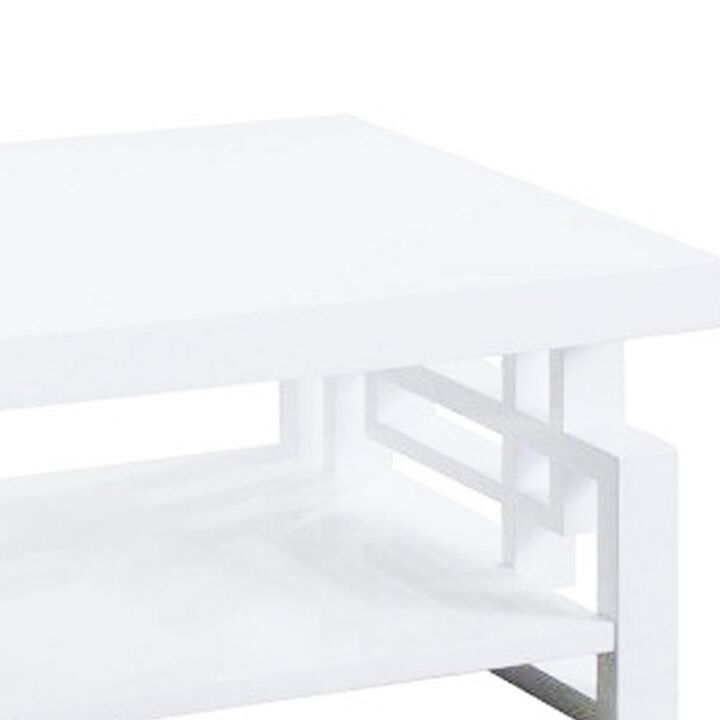 Contemporary Wooden Coffee End Table With Designer Sides & Shelf, Glossy White-Benzara