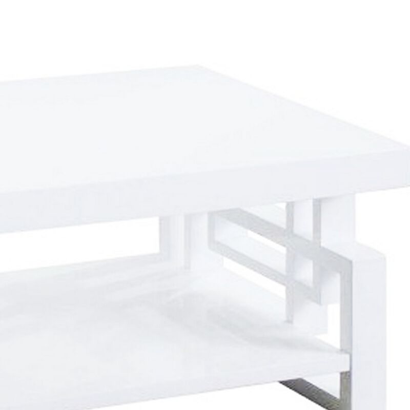 Contemporary Wooden Coffee End Table With Designer Sides & Shelf, Glossy White-Benzara