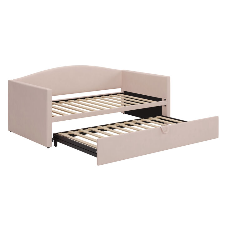 Merax Pop-Up Trundle Daybed with Velvet Upholstery & Padded Armrests