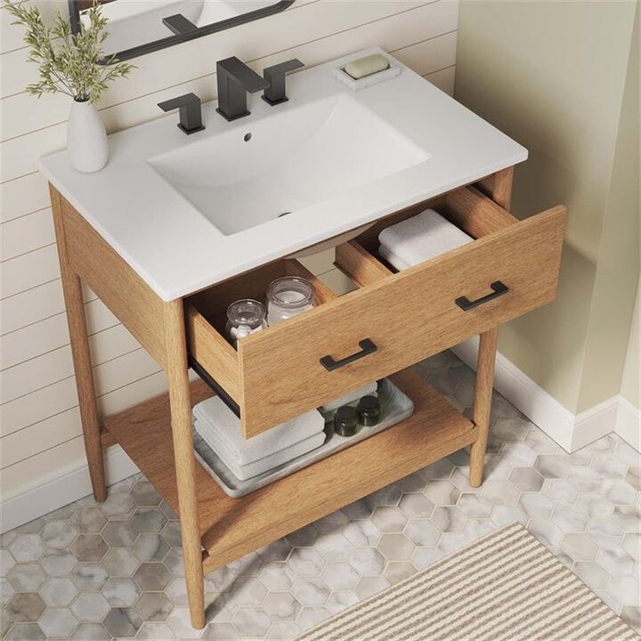 Modway Zaire 30&rdquo; Mid-Century Bathroom Vanity Washstand in Natural White with Ceramic Sink Basin, 30 Inches