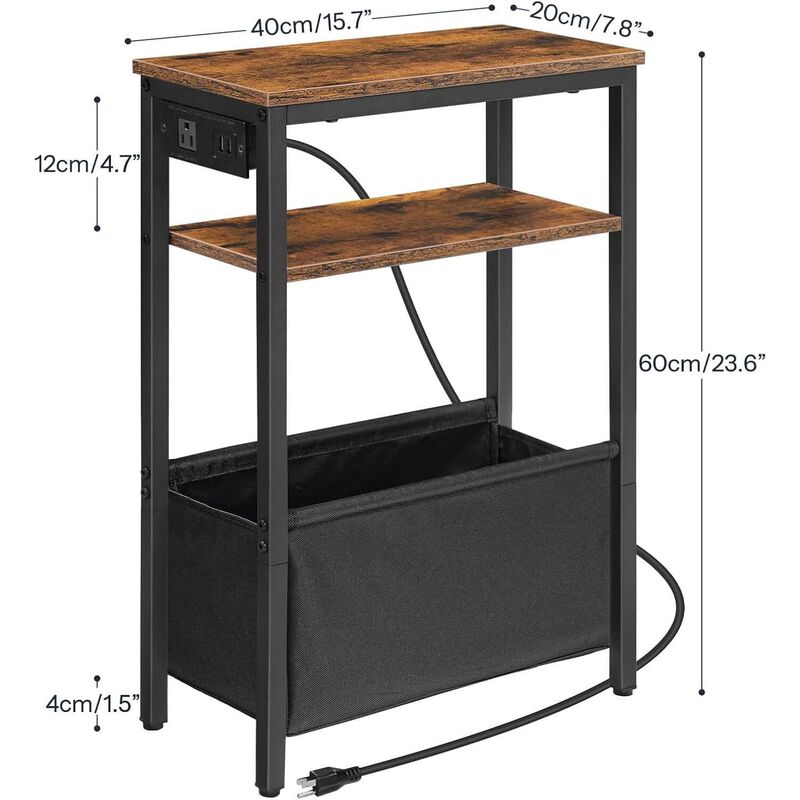 Slim Side Table with Charging Station for Bedroom and Living Room-Brown image number 2