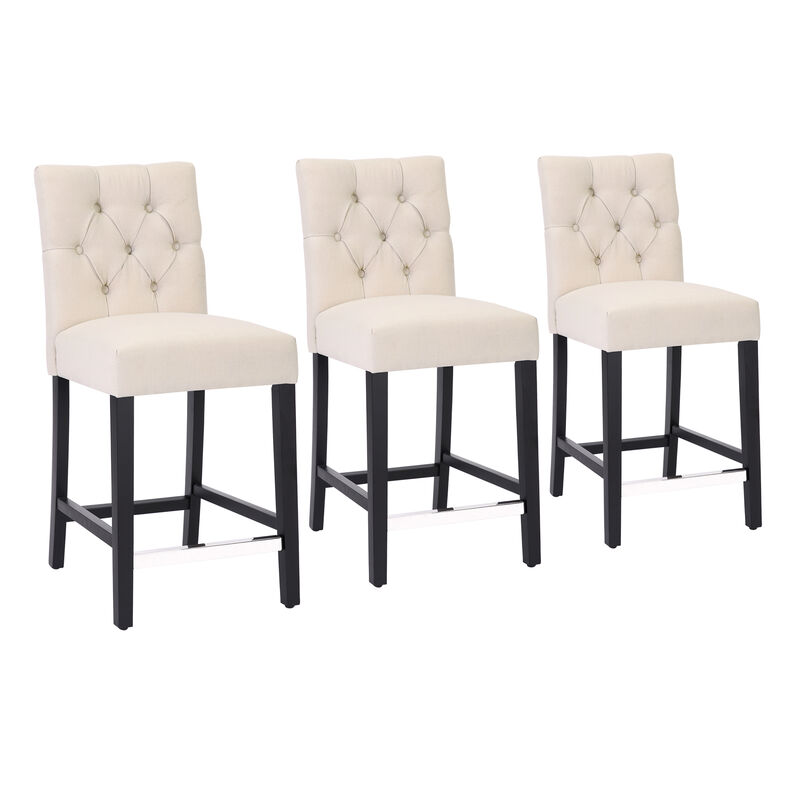 WestinTrends 24" Linen Fabric Tufted Upholstered Counter Stool (Set of 3), Black