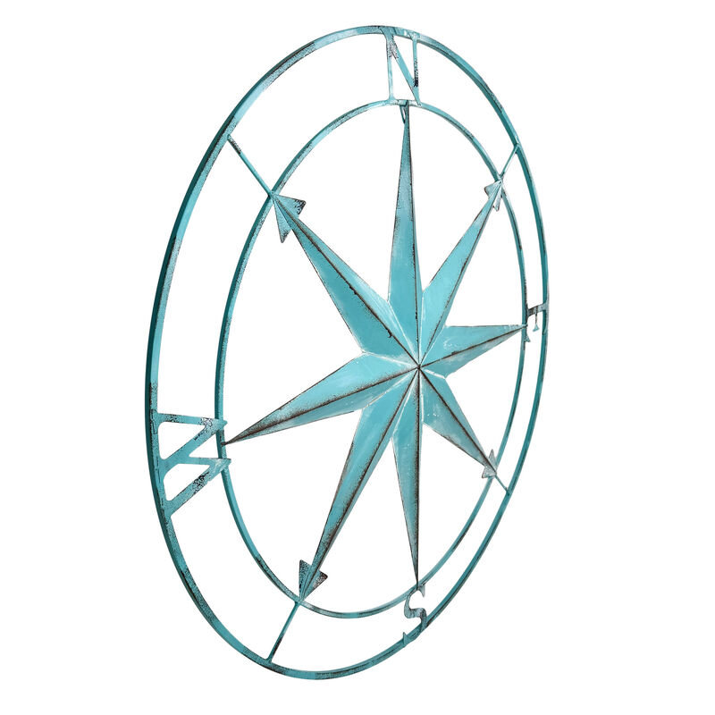 39 inch Aqua Metal Compass Rose Wall Decor Distressed Nautical Coastal Art image number 6