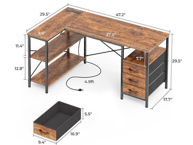 L‑Shaped Desk &ndash; 47" Rustic Brown Office Table with 3 Drawers, Shelves & Power Outlets image number 2