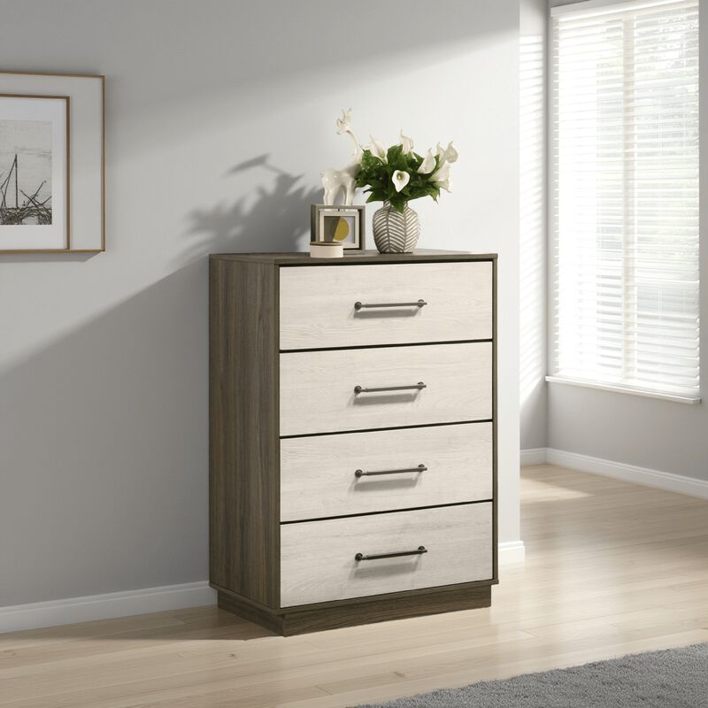 Fene Tall Dresser Chest, 4 Storage Drawers, Nickel Bar Handles, Gray - Benzara