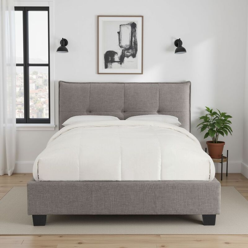 Amy Low Profile Queen Bed, Tufted Linen, Wide Storage, Gray