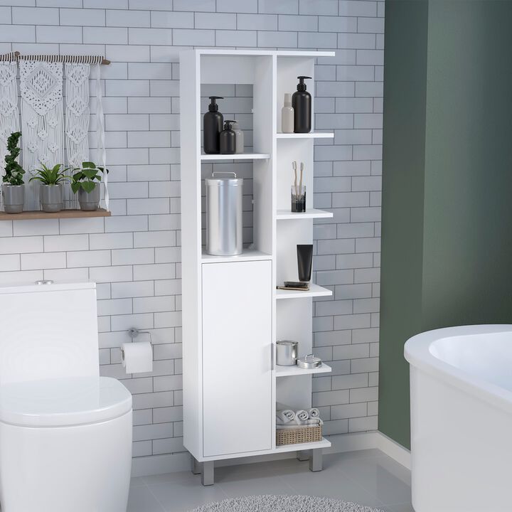 63" H Linen Bathroom Cabinet with Seven Open Shelves, One Drawer, One Door and Four legs,White