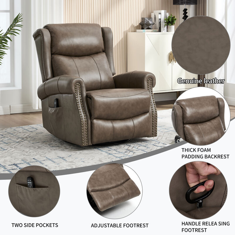 Genuine leather Heat Massage Manual Recliner Chair with Rocker and Swivel for Living Room image number 9