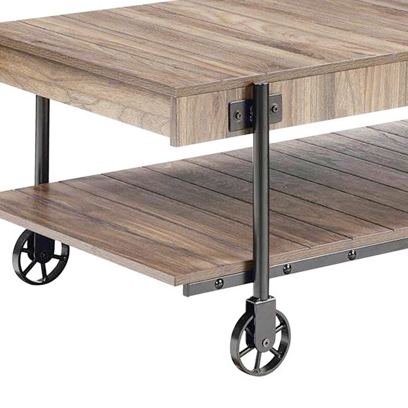 Loak 47 Inch Coffee Table, Brown Plank Top, Bottom Shelf, Wheels, Black - Benzara