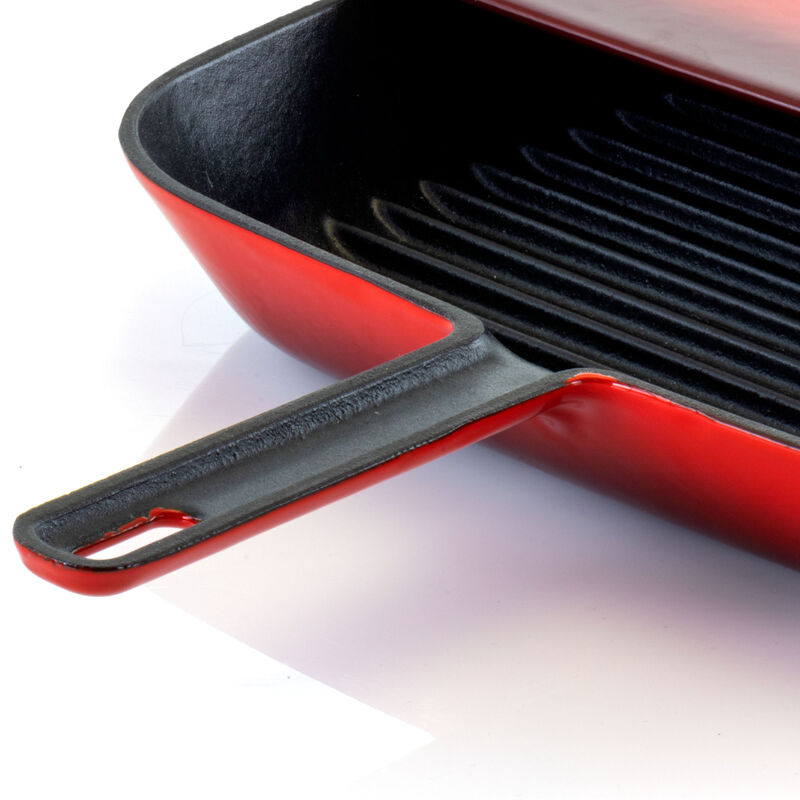 MegaChef 11 Inch Square Enamel Cast Iron Grill Pan with Matching Grill Press in Red with Press