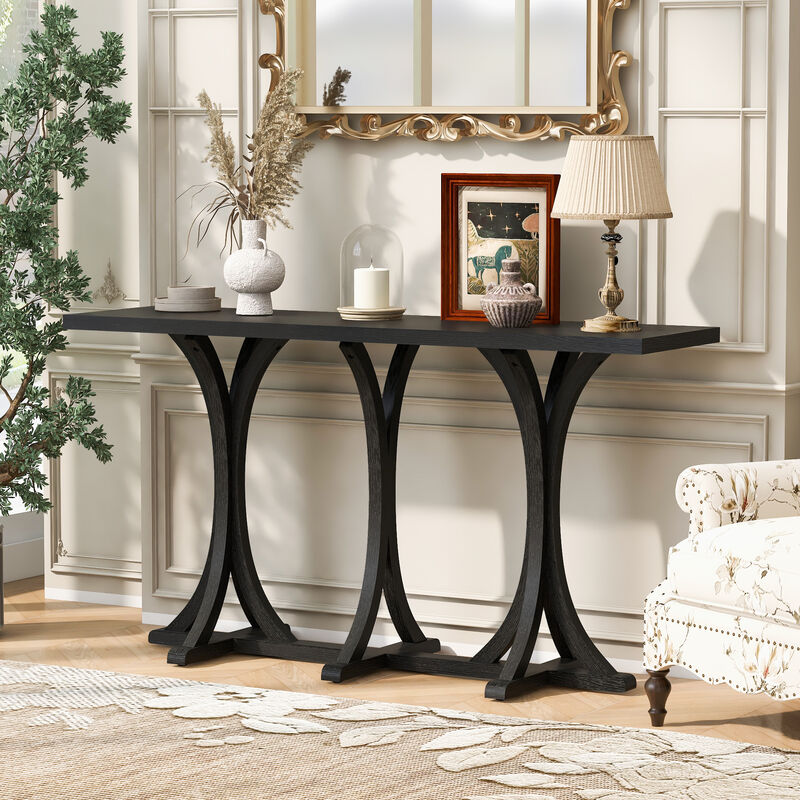Merax Wooden Console Table with Oak Veneer Top Farmhouse Table with Rubber Wood Slender Curved Legs