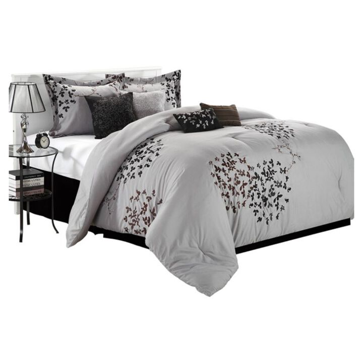 QuikFurn Queen size 8-Piece Comforter Set in Silver Gray Black Brown Floral
