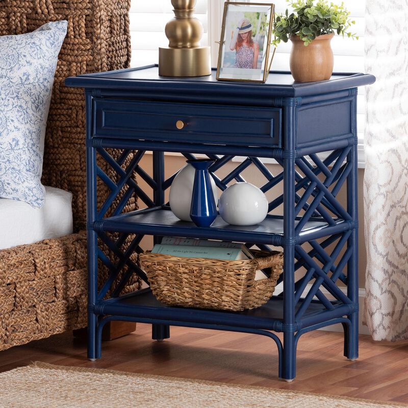 bali & pari Tiaret Natural Rattan Nightstand with Drawer and Shelves – Chippendale-Style Bedside Table for Bedroom or Coastal Living Spaces, Blue