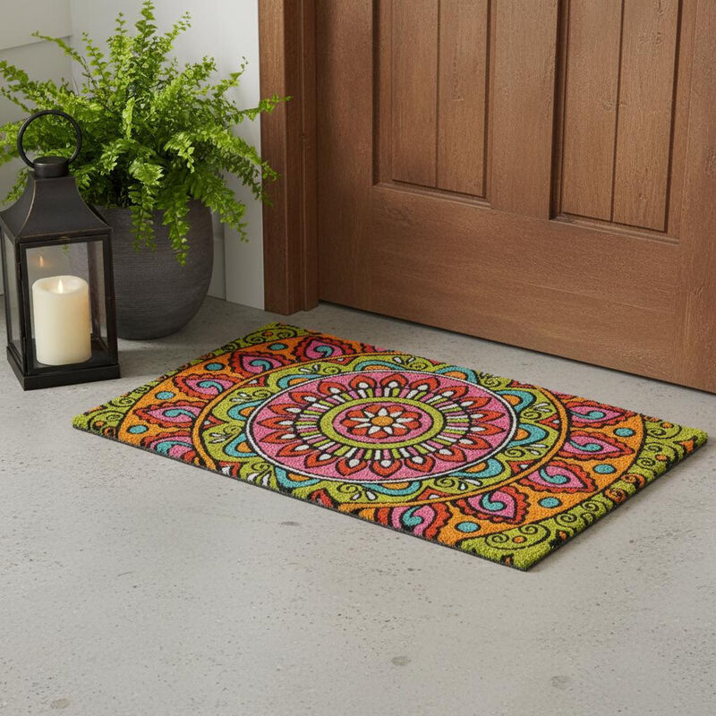 HomeRoots 18" X 30" Green and Pink Coir Abstract Outdoor Door Mat image number 1