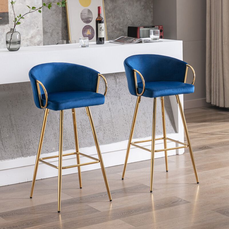 26 Inch Set of 2 Velvet Bar Stools with Chrome Footrest and Golden Base Counter Height Stools image number 3