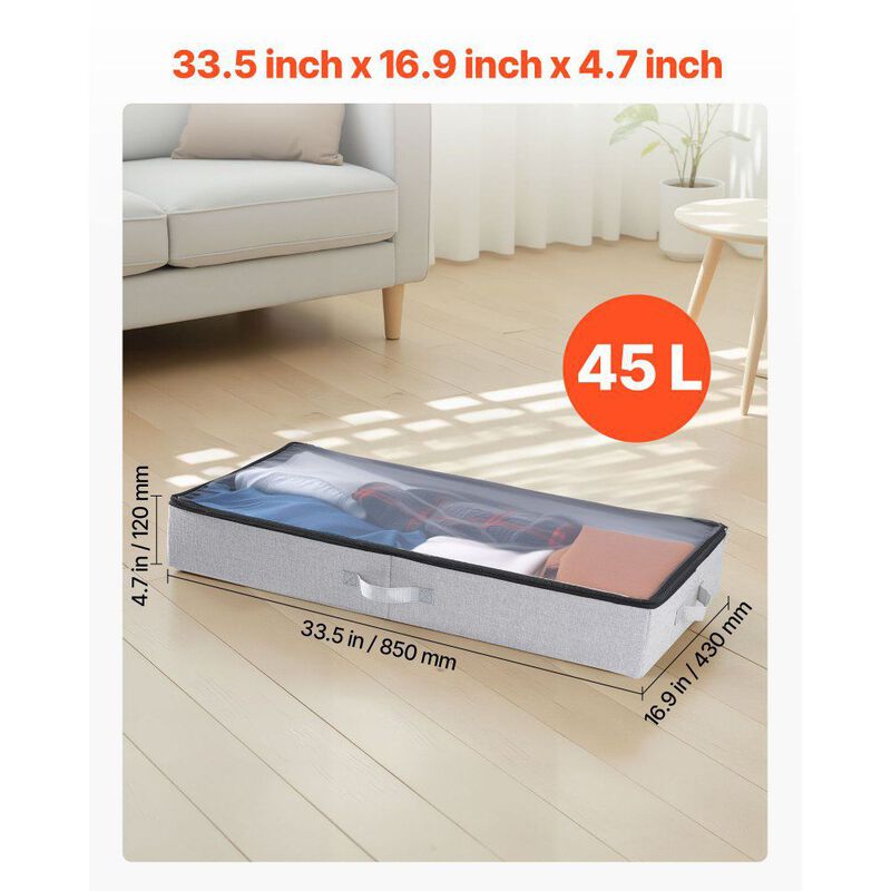 Set of 2 Under Bed Storage Containers with Clear Lids for Clothes, Shoes, and Blankets-Grey image number 2