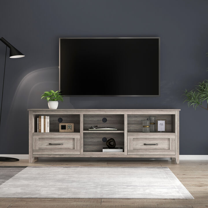 70.08 Inch Length TV Stand for Living Room and Bedroom, with 2 Drawers and 4 High-Capacity Storage Compartment, Grey Walnut