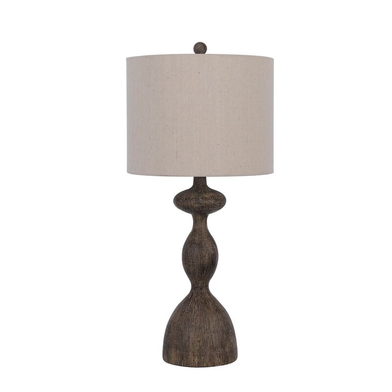 30 Inch 2 Table Lamps, Resin Accent, Turned Base, Rustic Wood Brown, Beige-Benzara