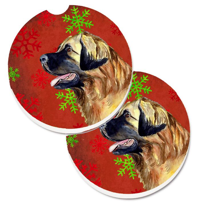 Caroline's Treasures Leonberger Red & green Snowflakes Holiday Christmas Set of 2 Cup Holder Car Coasters LH9348CARC, 2.56, Multicolor
