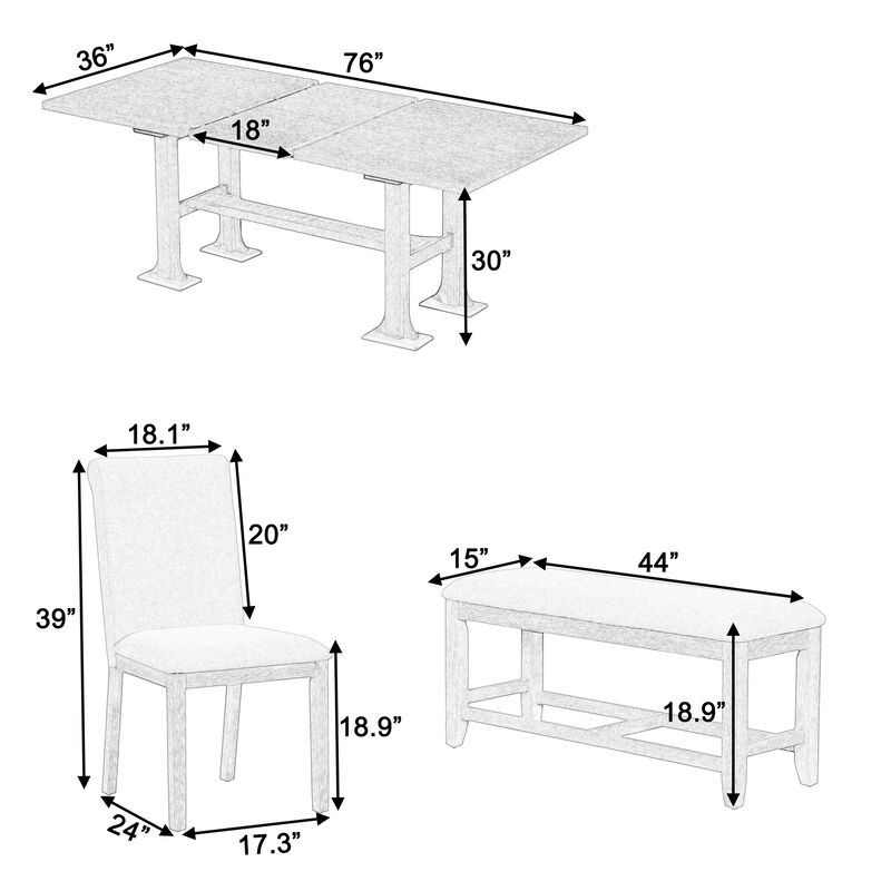 Merax Expandable Dining Table Set with 4 Cushioned Chairs & Sturdy Bench, Solid Wood Construction image number 7