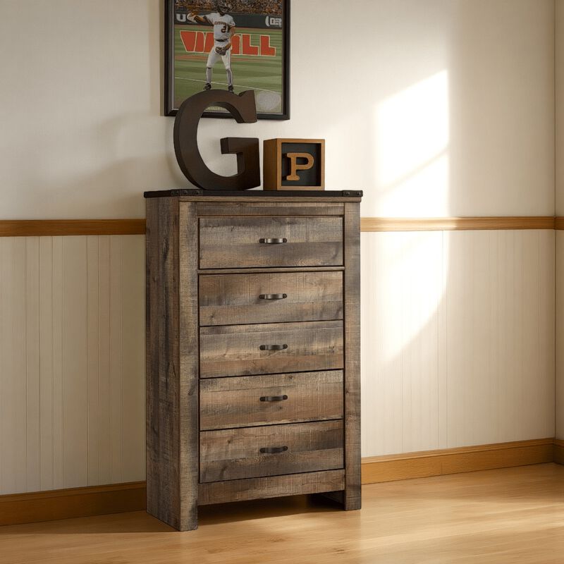 Zoey Tall Dresser Chest, 5 Storage Drawers, Rustic Brown Plank Details - Benzara
