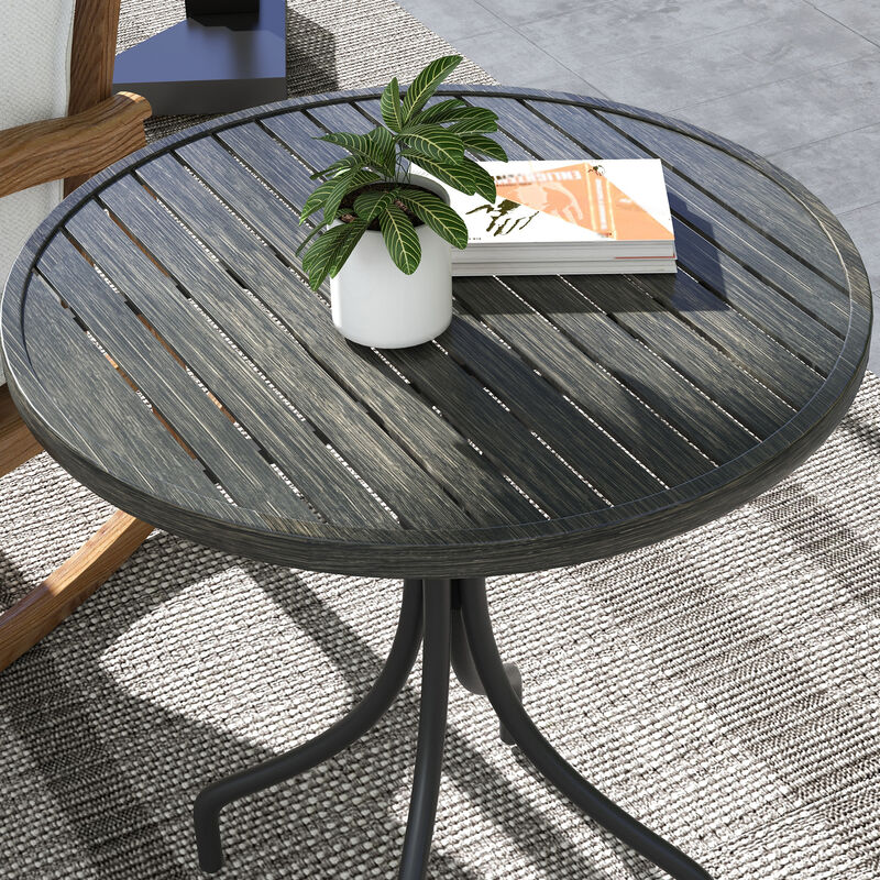 Outsunny Outdoor Side Table, 26" Round Patio Table with Steel Frame and Slat Tabletop for Garden, Backyard, Porch, Balcony, Distressed Gray