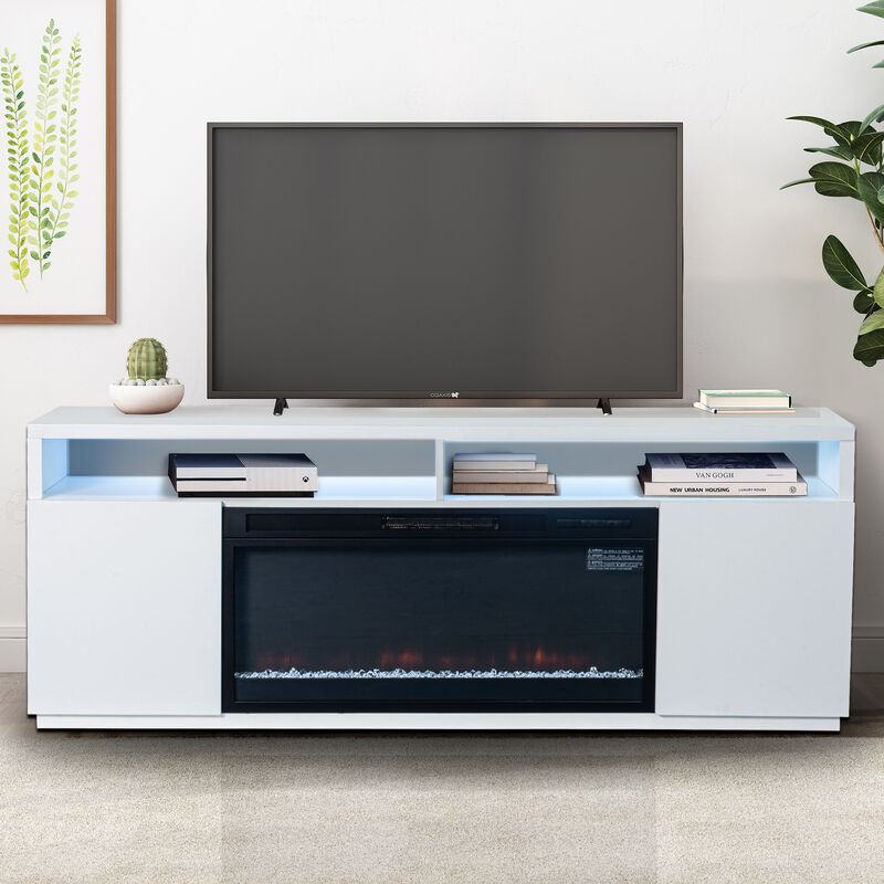 68" White LED TV Stand with Storage and 36" Insert Electric Fireplace for TVs up to 78"