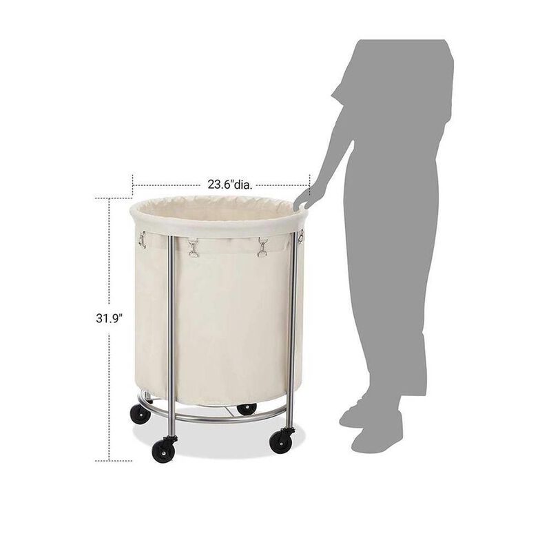 Hivvago Round 45-Gallon Laundry Basket Hamper w/ Cream Fabric Bag Steel Frame on Wheels