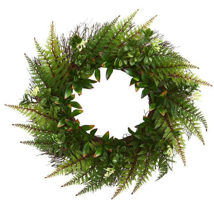 Nearly Natural 23-in Assorted Fern Wreath UV Resistant (Indoor/Outdoor)